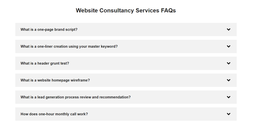 FAQs example for a professional website