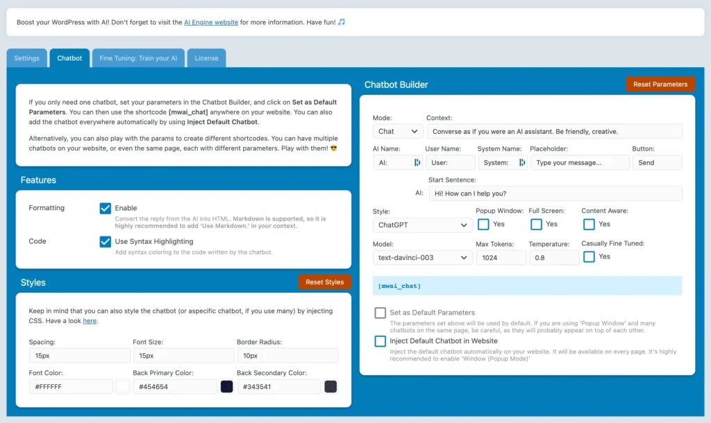 AI Engine chatbot builder setting page for WordPress