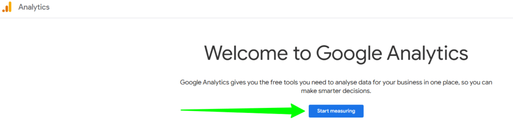 Google Analytics with Start Measuring button for GA4 account setup