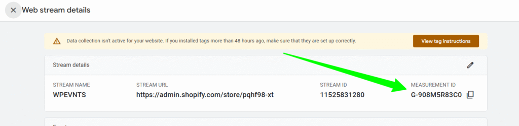GA4 web stream details showing Measurement ID and tagging instructions