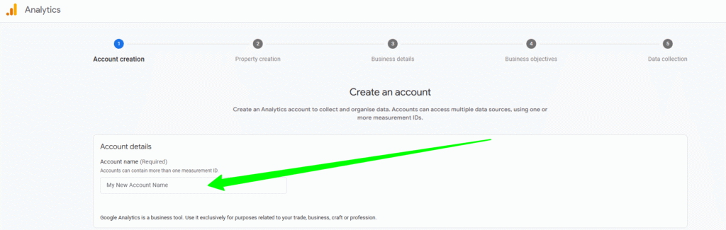 Google Analytics account creation screen with fields for account name,