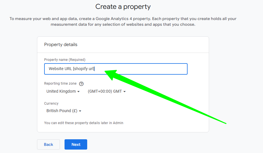 Google Analytics screen with fields for property name, property details, and time zone