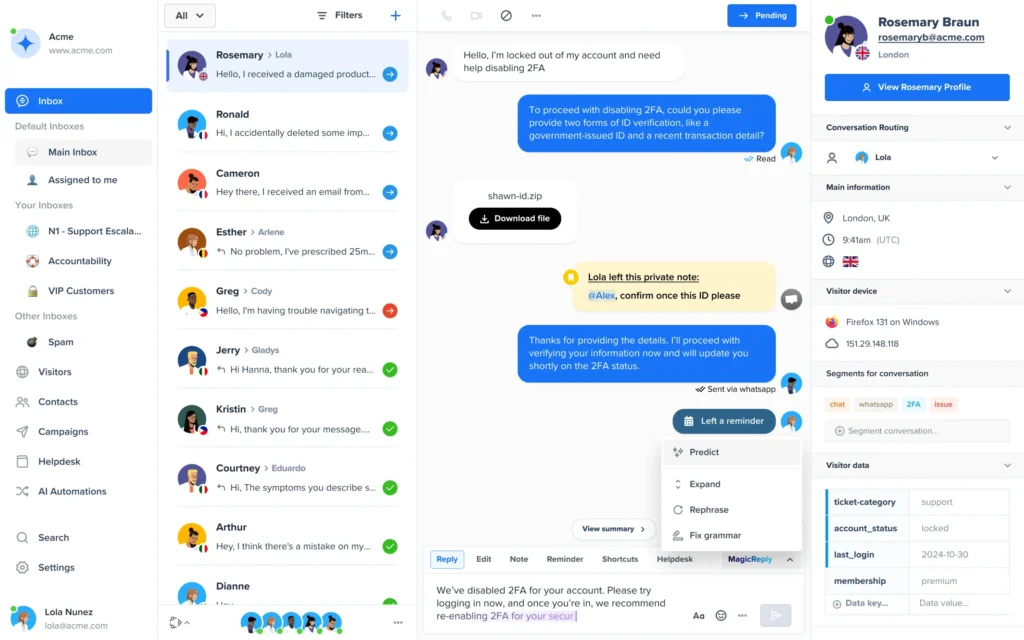 Crisp Chat plugin dashboard for WordPress displaying message listing
