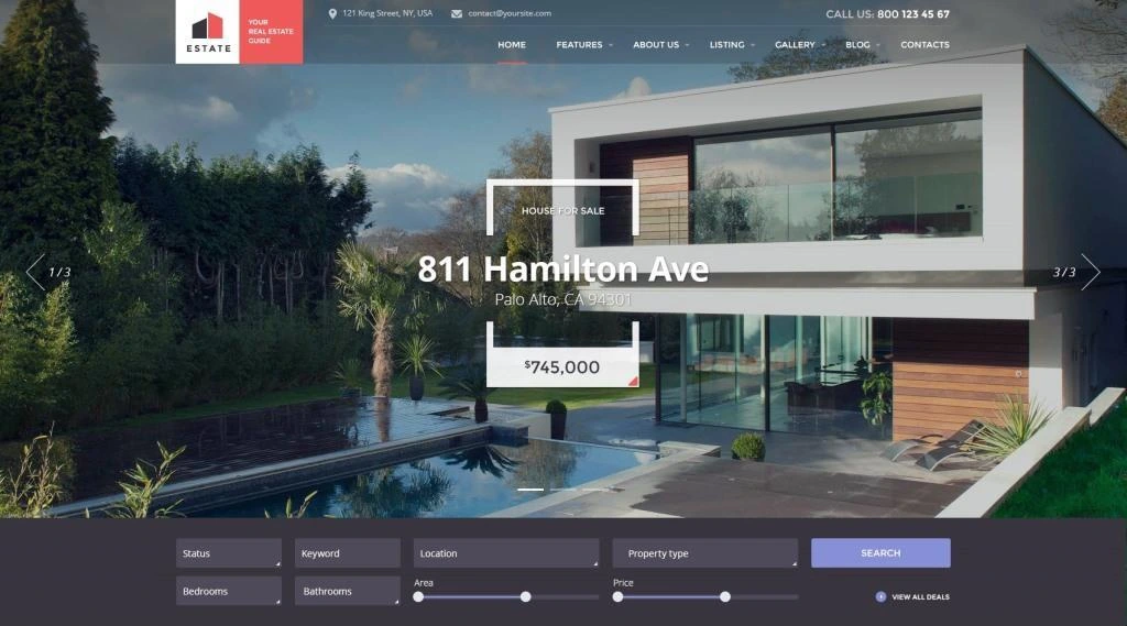 Estate real estate WordPress theme featuring a property search options
