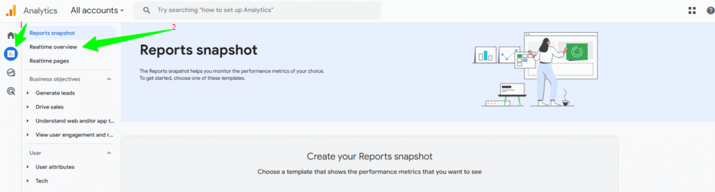 Google Analytics 4 real-time dashboard displaying reports