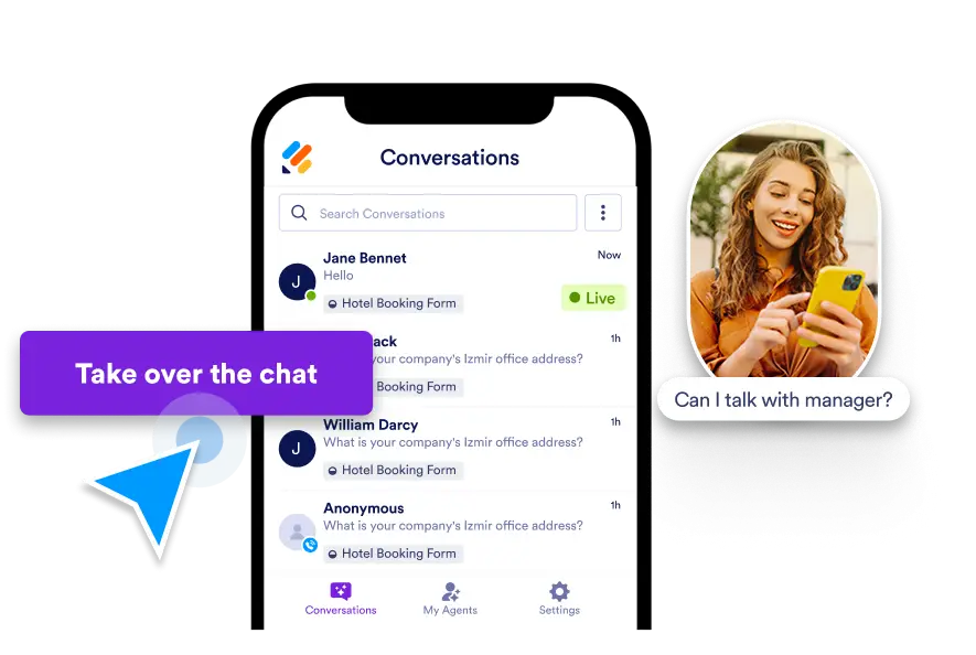 Jotform AI Chatbot & Live Chat screen displays a chat interface