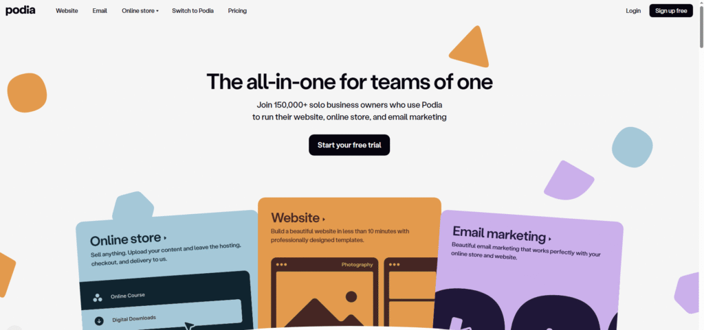Podia homepage with badges for website, email marketing, and online store