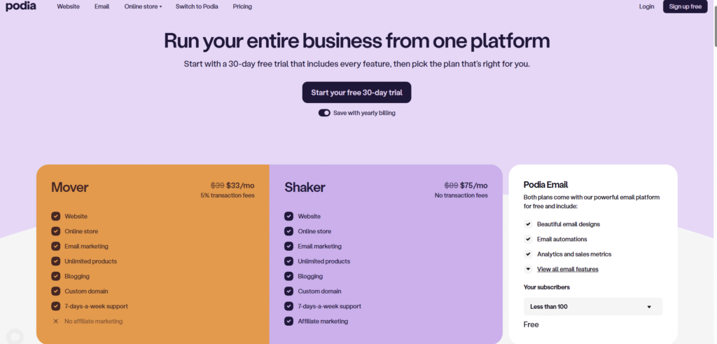 Podia pricing page display
