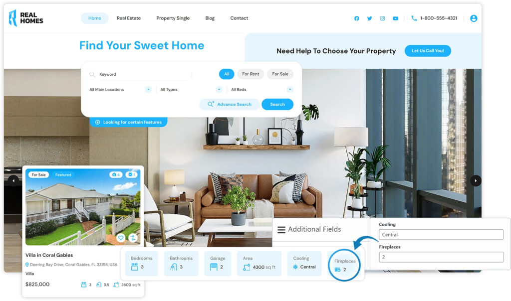 Website homepage displaying listings and agents profile