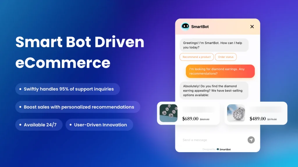 Smartbot for shopify displaying key features and customer support page.
