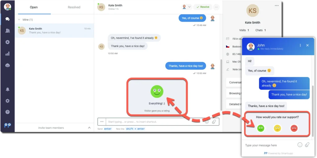 Smartsupp live chat with customer rating feedback