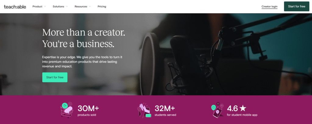 Teachable website showcasing educational tools and statistics.