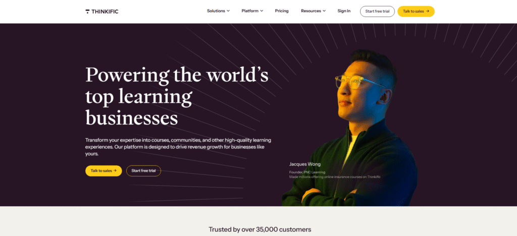 Website homepage promoting Thinkific learning platform services.