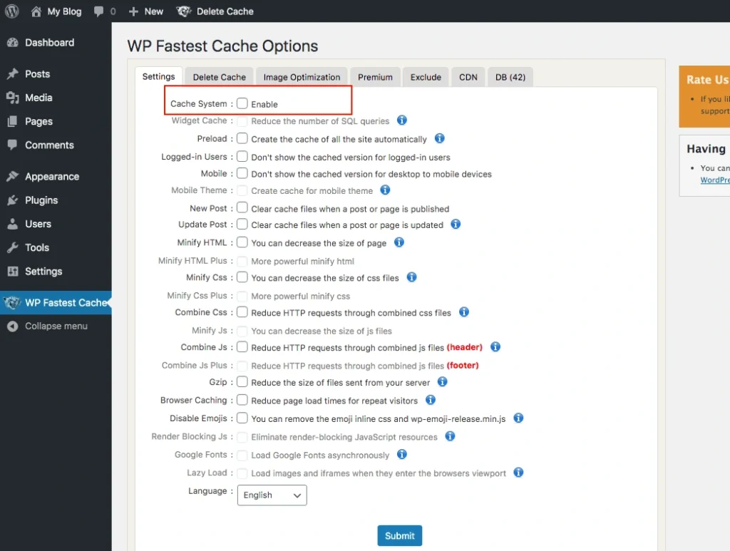 WP Fastest Cache page displaying various settings