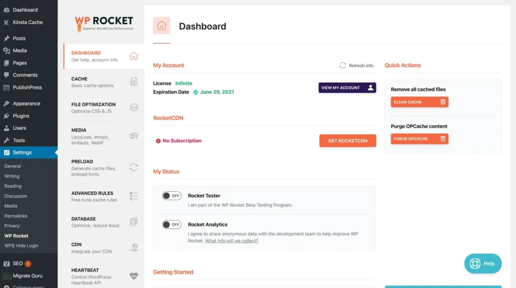 WP Rocket best woocommerce cache plugin dashboard