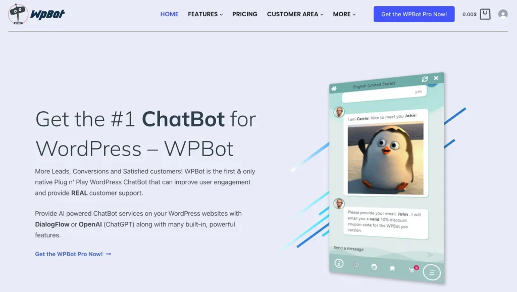 WPBot website homepage promoting AI chatbot plugin for WordPress