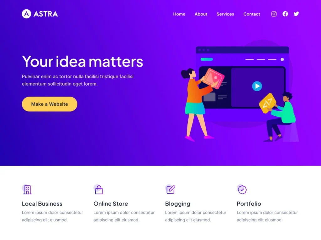 Astra Education templates homepage with a clean, modern layout for school websites