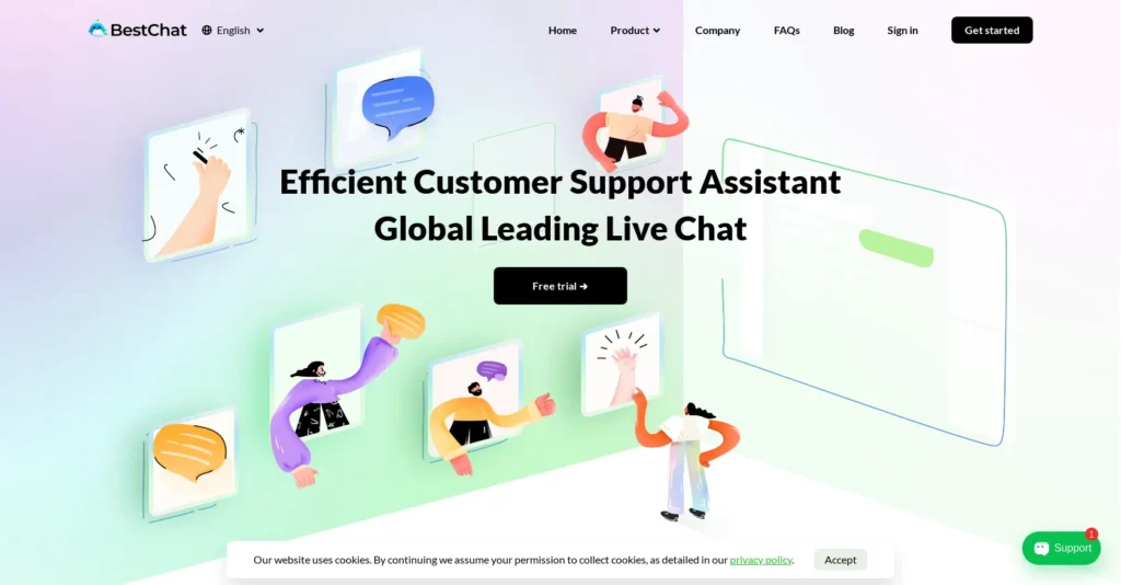 Bestchat chatbot homepage displaying menue, animations and hero heading