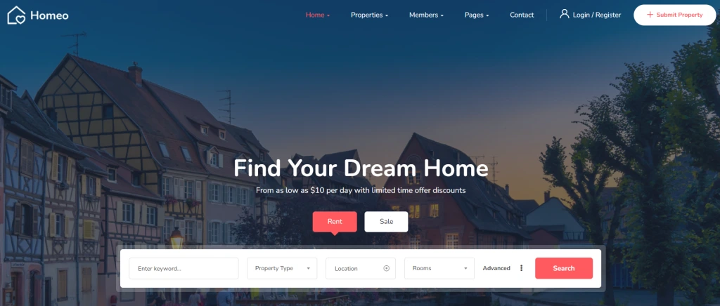 Homeo theme showcasing property listings