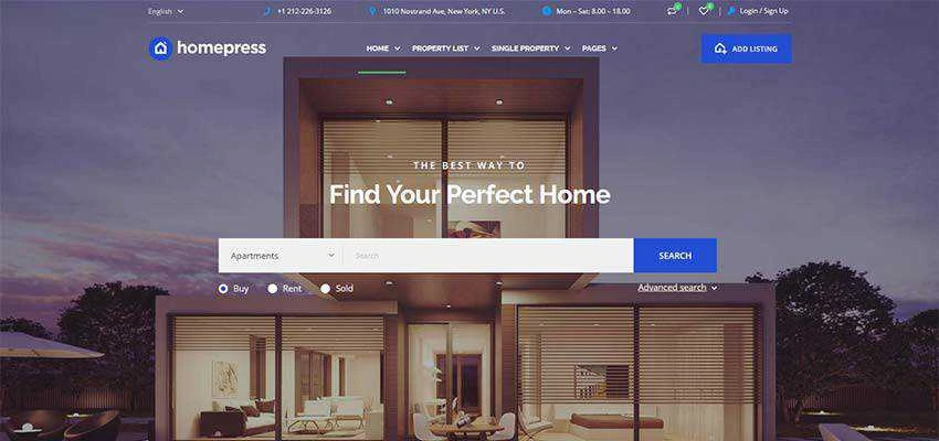 HomePress homepage showcasing ,search bar, and navigation links.