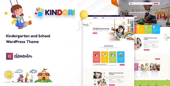 Kindori theme homepage featuring playful, kid-friendly design for preschool and kindergarten websites