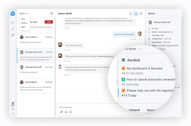 Zendesl ai and live chatot for shopify displaying messaging dashboard