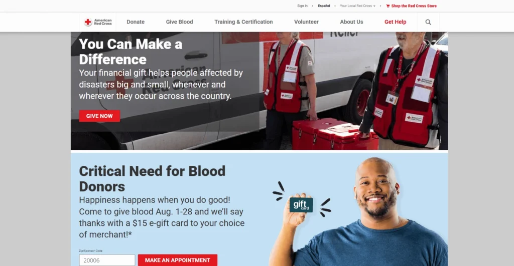 American Red Cross website design for nonprofit