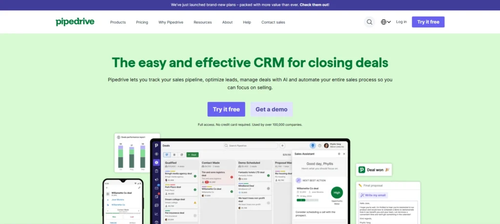 Pipedrive Webpage featuring the CRM and CTA Buttons