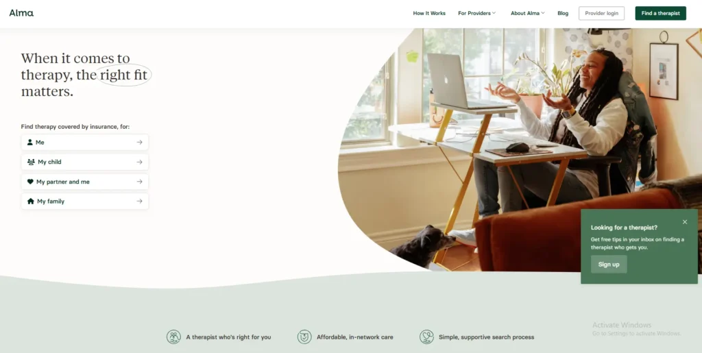 Alma- telehealth therapy website